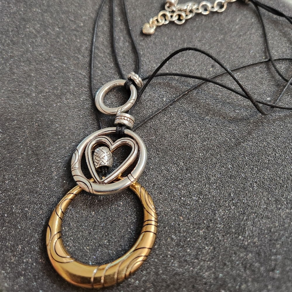 Retired Brighton Bubbles Silver Gold Black Corded Heart Necklace